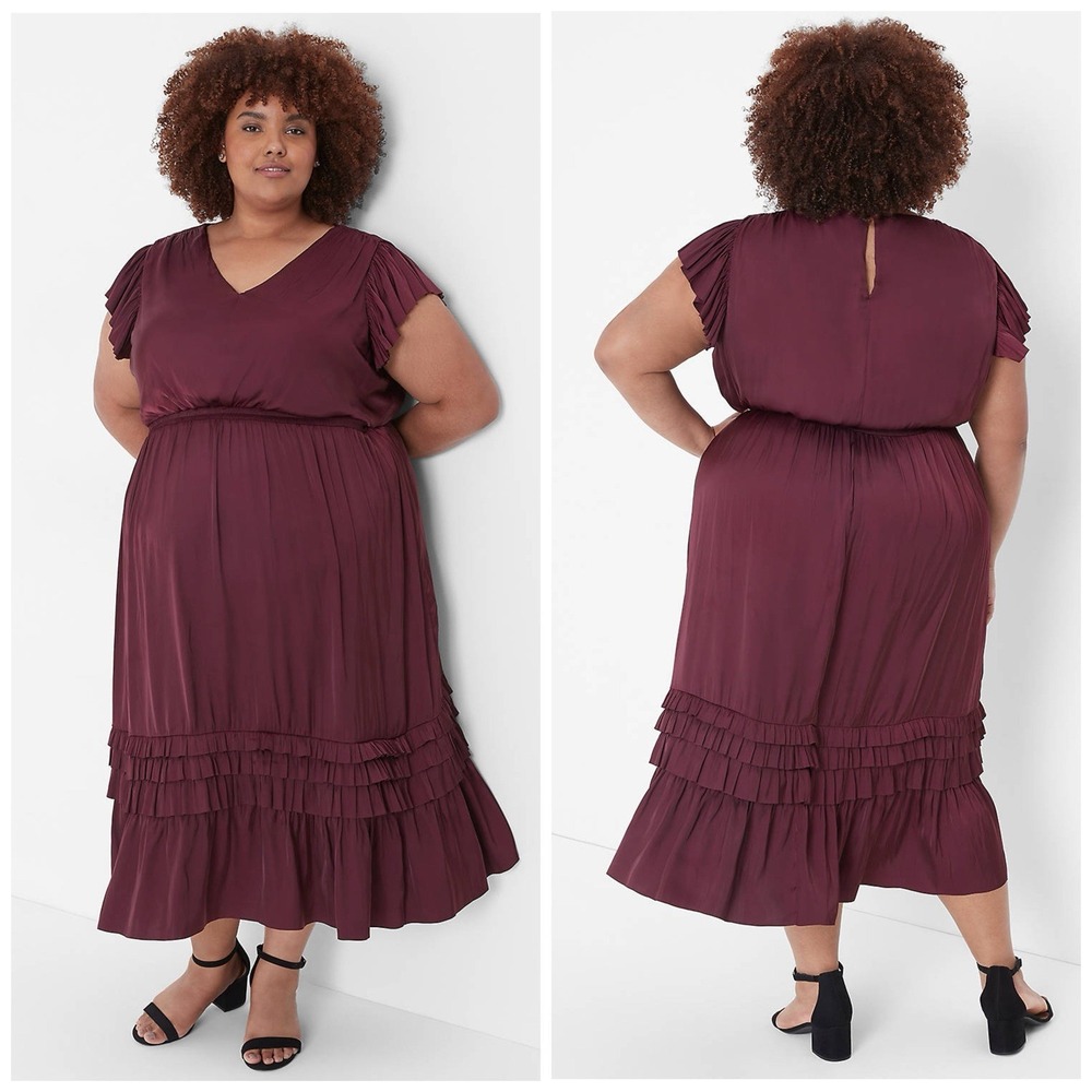 Lane Bryant 26 (4X) Shirred Flutter Sleeve Midi Dress Iridescent Ruffle Tiered